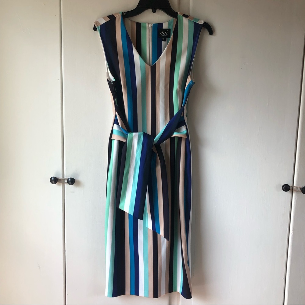ECI Sleeveless Midi Dress with Blue, Teal, White & Tan Stripes